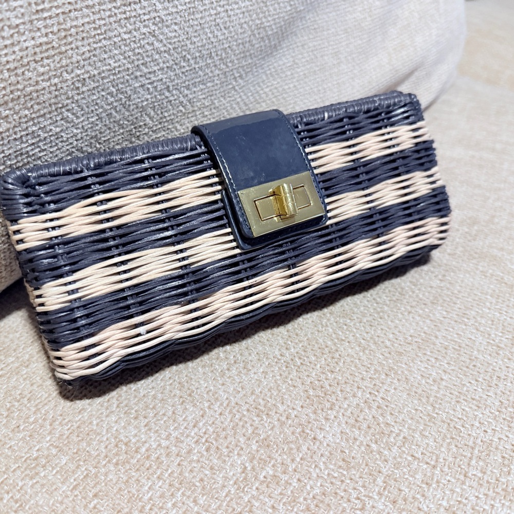 JCrew Slim Woven Natural Straw Clutch Navy Cream